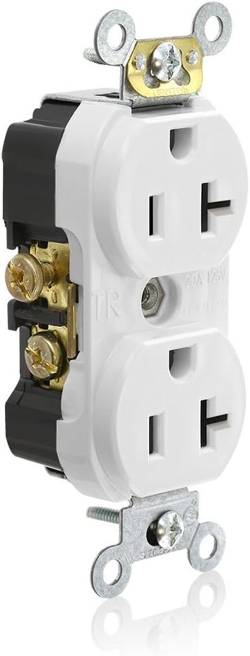 Leviton Tamper Resistant Duplex Receptacle, 20-Amp, 125-Volt, Side Wired, Commercial Spec Grade, No Clamps, TCR20-W, White