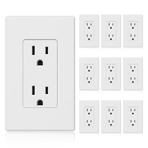 ELEGRP Matte White Standard Decorator Electrical Wall Receptacle Outlet, 15A 125V, 2 Pole 3 Wire, Non- Tamper Resistant, NEMA 5-15R, Self-Grounding, Wall Plate Included, UL Listed, 10 Pack
