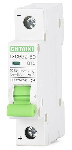 12V-110V DC Miniature Circuit Breaker, 15 Amp 1 Pole Battery Breaker Protector for Solar PV System and RV, Thermal Magnetic Trip, DIN-Rail/Surface Mount, Chtaixi DC Disconnect Switch B15