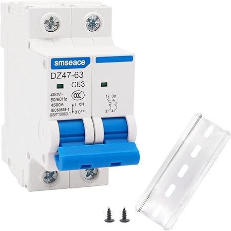 smseace Miniature Circuit Breaker Low Voltage AC 63A 400V,2 Poles AC Disconnect Switch C63 DIN Rail Mount Used to Protect Circuit Equipment