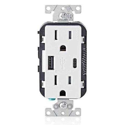 Leviton T5633-W Type A & Type-C USB In-Wall Charger with 15A Tamper-Resistant Outlet, USB Charger for Smartphones and Tablets, Not for Laptops, White