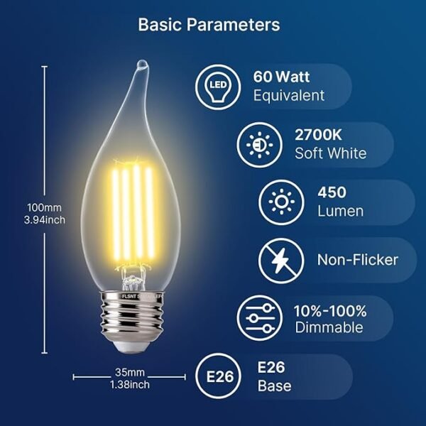 FLSNT 60 Watts Equivalent LED Chandelier Light Bulbs, Dimmable CA11 LED E26 Base Candelabra Bulbs, 2700K Soft White, 12 Pack UL,CA65 Listed. - Image 2
