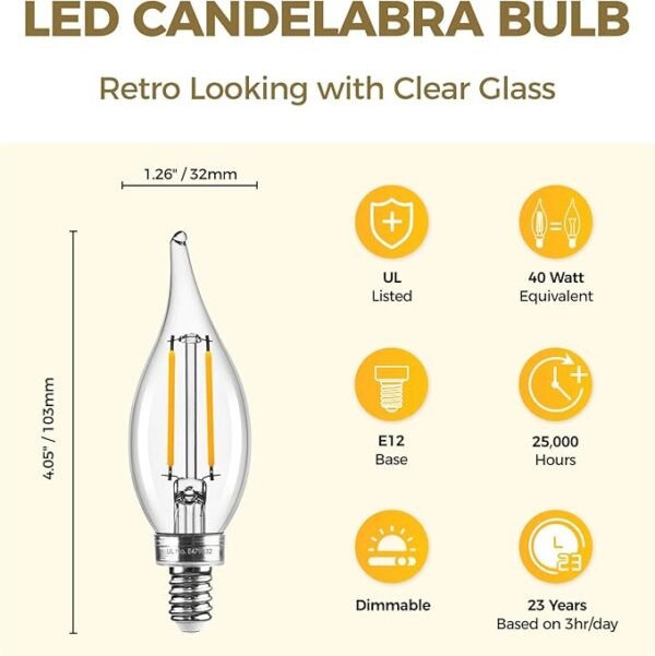 Hizashi E12 Candelabra Bulbs 40 watt Equivalent, 90+ CRI E12 LED Bulb Dimmable Flame Tip Chandelier Light Bulbs, 4W 450LM 2700K Soft Warm White, CA10, UL Listed,12 Pack - Image 2