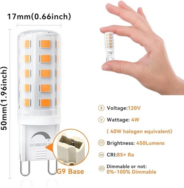 TJOY 12 Pack Dimmable G9 LED Bulb 4W Equivalent 40 Watt, 2700K Soft Warm White, T4 G9 Bi-pin Base Halogen Replacement, G 9 Socket Light Bulb for Chandelier Wall Sconce, 120V No Flicker, 450LM - Image 3