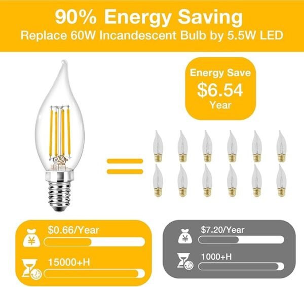 DAYBETTER E12 LED Bulb Dimmable, Chandelier Light Bulbs, Candelabra Light Bulbs 60 Watt Equivalent, 2700K Soft Warm White, 5.5W 600LM, Flame Tip Vintage Flame Light Bulb, 12 Pack - Image 6