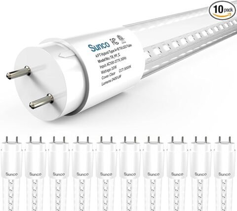 Sunco 10 Pack T8 LED Bulbs 4 Foot, 48 Inch Tube Light Bulbs Fluorescent Replacement, Single or Double Ended Hybrid Type A+B, 2400 LM, 20W, 5000K Daylight, Clear Lens ETL