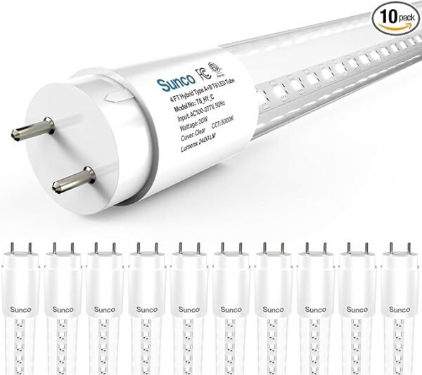 Sunco 10 Pack T8 LED Bulbs 4 Foot, 48 Inch Tube Light Bulbs Fluorescent Replacement, Single or Double Ended Hybrid Type A+B, 2400 LM, 20W, 5000K Daylight, Clear Lens ETL