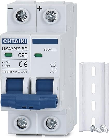 DC Miniature Circuit Breaker, 2 Pole 600V 20 Amp Isolator for Solar PV System, Thermal Magnetic Trip, DIN Rail Mount DC Disconnect Switch C20
