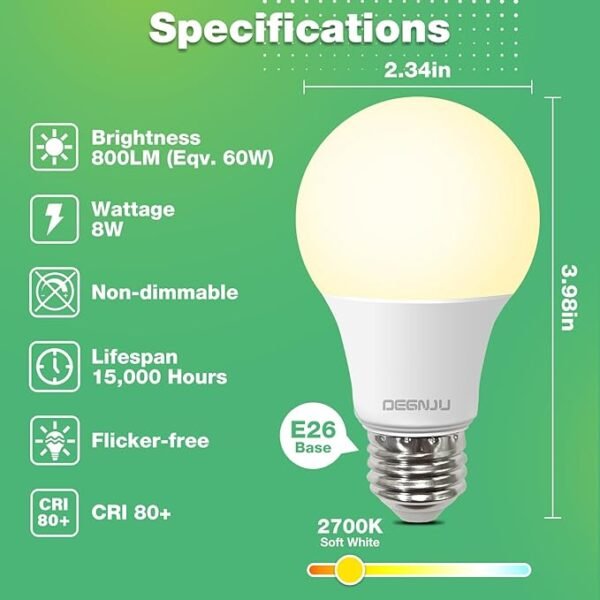 A19 LED Light Bulbs, 60 Watt Equivalent LED Bulbs, Soft White 2700K, 800 Lumens, E26 Standard Base, Non-Dimmable, 8W Warm White LED Bulbs for Bedroom Living Room, 3 Pack - Image 2