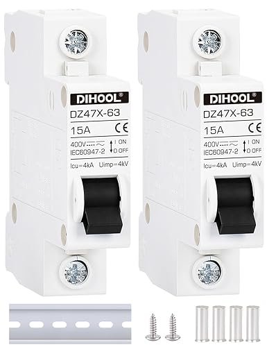 DIHOOL AC/DC Miniature Circuit Breakers, 2 Pack, Single Pole 15 Amp, 12V 24V 48V 400V, Non Polarized, Solar Disconnect Switch, DIN Rail Mount, RV Battery Isolator, PV Array MCB, Thermal Magnetic Trip