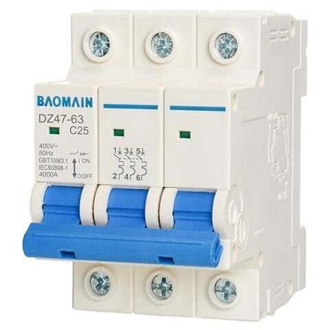 Baomain 3 Pole Miniature Circuit Breaker, DZ47-63 25A 400V 4 kA AC Circuit Breaker, 3P DIN Rail Mount MCB C25 (C25, 25Amp)