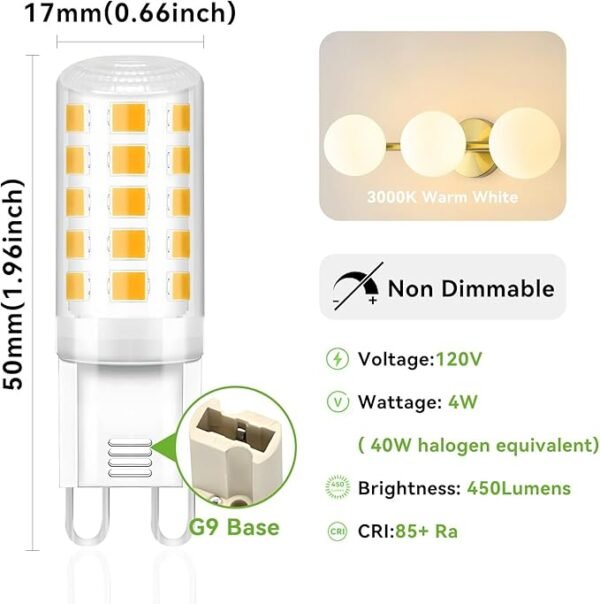 TJOY 12 Pack G9 LED Bulb 4W Equivalent 40 Watt, Replacement G9 Halogen Light Bulb, 3000K Soft Warm White, T4 Bi-pin Base, Small G 9 Socket for Chandelier, 120V, 450 Lumen, Non-dimmable - Image 2