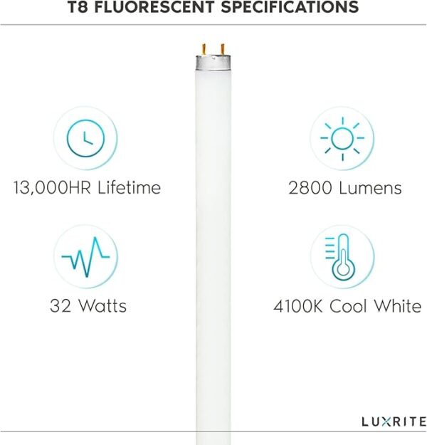 LUXRITE F32T8/841 T8 Fluorescent Tube Light Bulb, 32W, 48 Inch, 4100K Cool White, 2800 Lumens, G13 Bi-Pin Base, (T8 Only, Not Compatible with T12 or LED Fixtures) - LR20732, 4-Pack - Image 4