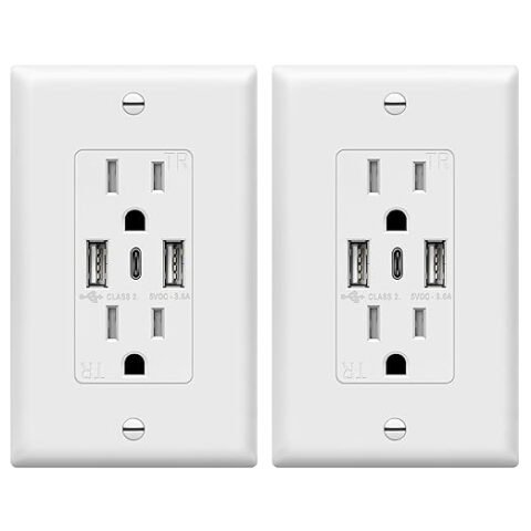 TOPGREENER USB Outlet, 3-Port Type C 3.6A 18W Wall Outlet, 15 Amp Receptacle, Charging Power Outlet with USB Ports, Compatible with iPhone 16 Series & More, UL Listed, TU21536AC3-2PCS, White, 2 Pack