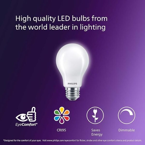 Philips LED 60W A19 4-Pack Ultra Definition Daylight (5000K) 800 Lumen (8W = 60W) Dimmable Frosted Flicker-Free Light Bulbs - Image 2