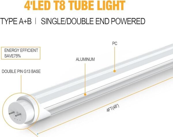 T8 T12 LED Tube Light Bulbs 4 Foot, 5 Power(10W-24W)& 6CCT(3000K-6500K) All in 1, Plug & Play or Ballast Bypass, T8 4ft Fluorescent Replacement, Durable Type A+B Light Tube, ETL DLC (6Pack) - Image 5
