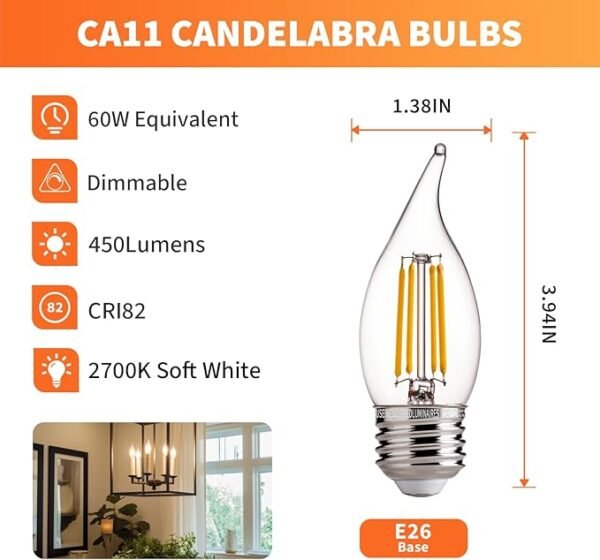 ALAMPEVER E26 LED Bulb 60W,Chandelier Light Bulbs 2700K Soft White,CA11 Candelabra LED Bulbs,450LM (12) - Image 2