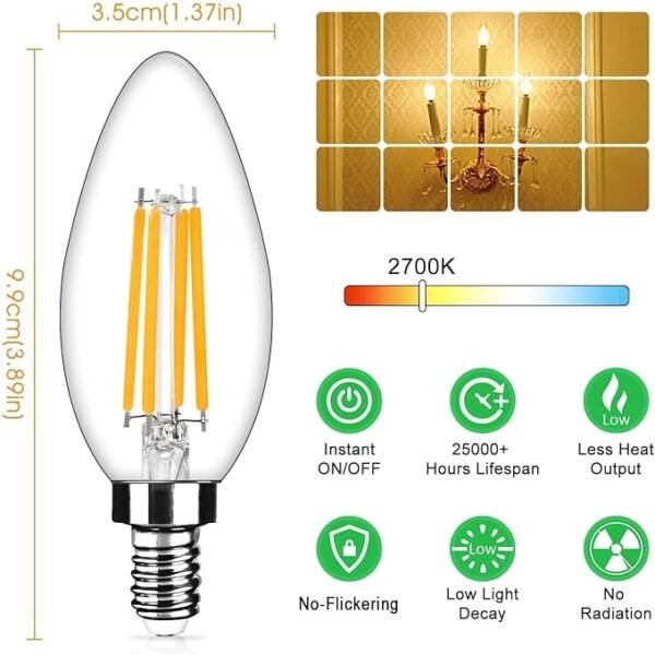 12-Pack Dimmable E12 LED Candelabra Bulbs 40Watt Equivalent, 2700K Warm White, 450Lumens, 4W B11 Vintage Chandelier Light Bulbs, LED Filament Clear Glass Candle Lamp for Ceiling Fan Home Decor1 - Image 4