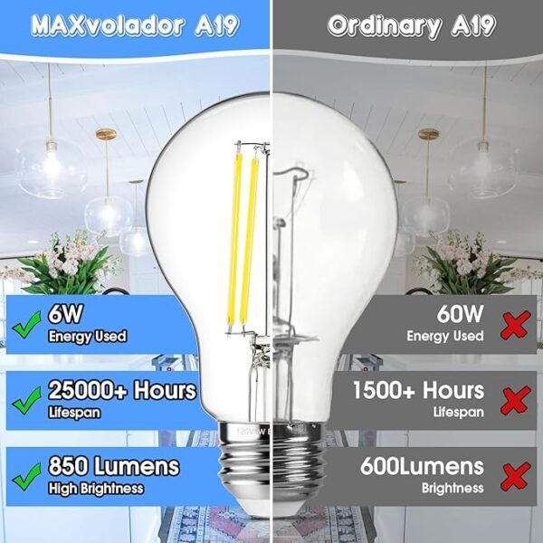 MAXvolador 60W Equivalent E26 LED Filament Light Bulbs, 850LM Daylight White 5000K LED Edison Bulb, Non-Dimmable 6W A19 LED Bulb Medium Base, 4-Pack - Image 5