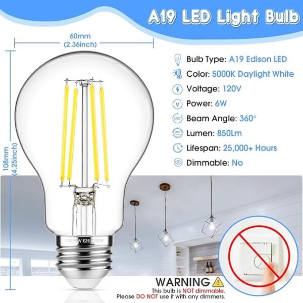 MAXvolador 60W Equivalent E26 LED Filament Light Bulbs, 850LM Daylight White 5000K LED Edison Bulb, Non-Dimmable 6W A19 LED Bulb Medium Base, 4-Pack - Image 3
