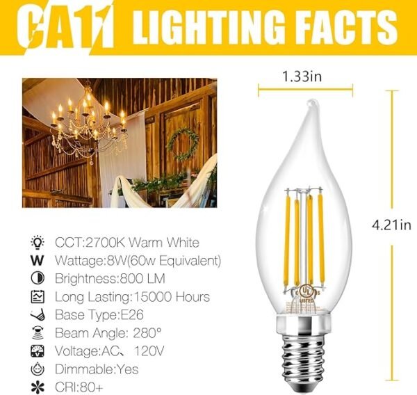DAYBETTER E12 LED Bulb Dimmable, Chandelier Light Bulbs, Candelabra Light Bulbs 60 Watt Equivalent, 2700K Soft Warm White, 5.5W 600LM, Flame Tip Vintage Flame Light Bulb, 12 Pack - Image 2