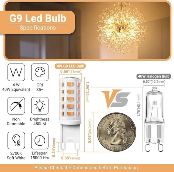 TJOY G9 LED Bulb 4W, 2700K Soft Warm White 6 Pack, Equivalent 40 Watt T4 G9 Halogen Replacement, G 9 Bi-pin Base Light Bulbs for Chandelier, 120V 450 LM 360 Beam Angle for Home Lighting, Non-dimmable - Image 2