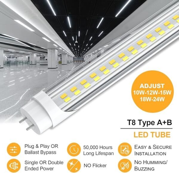 T8 T12 LED Tube Light Bulbs 4 Foot, 5 Power(10W-24W)& 6CCT(3000K-6500K) All in 1, Plug & Play or Ballast Bypass, T8 4ft Fluorescent Replacement, Durable Type A+B Light Tube, ETL DLC (6Pack) - Image 4