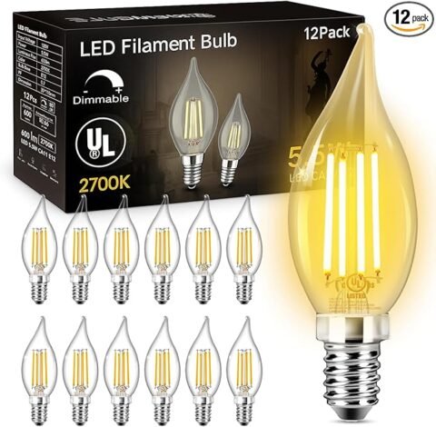 DAYBETTER E12 LED Bulb Dimmable, Chandelier Light Bulbs, Candelabra Light Bulbs 60 Watt Equivalent, 2700K Soft Warm White, 5.5W 600LM, Flame Tip Vintage Flame Light Bulb, 12 Pack