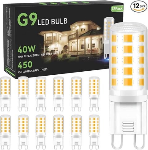TJOY 12 Pack G9 LED Bulb 4W Equivalent 40 Watt, Replacement G9 Halogen Light Bulb, 3000K Soft Warm White, T4 Bi-pin Base, Small G 9 Socket for Chandelier, 120V, 450 Lumen, Non-dimmable