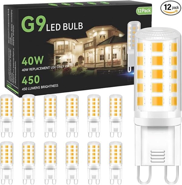 TJOY 12 Pack G9 LED Bulb 4W Equivalent 40 Watt, Replacement G9 Halogen Light Bulb, 3000K Soft Warm White, T4 Bi-pin Base, Small G 9 Socket for Chandelier, 120V, 450 Lumen, Non-dimmable