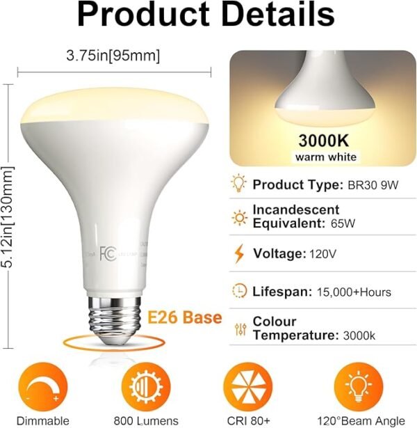 TJOY 12 Pack BR30 Led Bulb 65W Equivalent, Dimmable Flood Light Bulbs Indoor, E26 Base, 3000K Warm White, 9W, 800 LM, Recessed Lighting Bulbs for Ceiling, Recessed Can, Living Room and Kitchen - Image 2