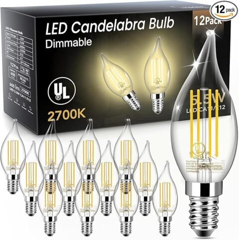 TJOY E12 LED Candelabra Bulb Dimmable, 60W Equivalent LED Chandelier Light Bulbs, 5.5W 2700K Soft Warm White 600LM CA11 Flame Tip Vintage Filament Candle Light, 12 Pack