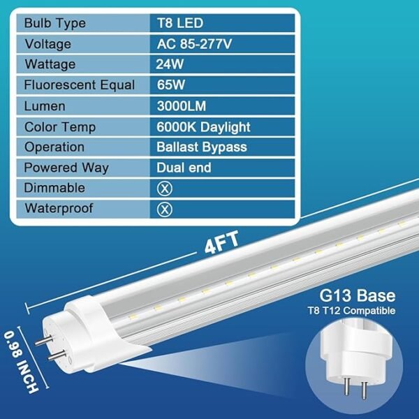 4 Pack T8 LED Bulbs 4 Foot, 24W 3000LM, 6000K Daylight, Ballast Bypass, Dual Ended Powered Type B Light Bulbs, LED Fluorescent Tube Replacement T8 T12, Non-dimmable - Image 2