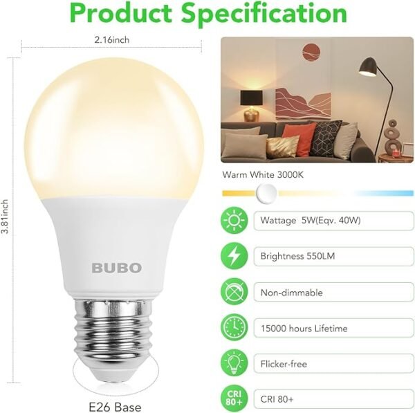 BUBO A19 LED Light Bulbs, 40 Watt Equivalent LED Bulbs, Warm White 3000K, 550 Lumens, E26 Standard Base, Non-Dimmable, 5W Warm White LED Bulbs for Bedroom Living Room Home Office, 24 Pack - Image 2