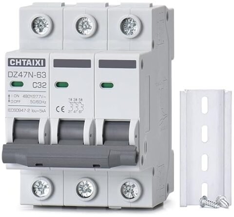 3 Pole DIN Rail Mount Circuit Breaker, 32 Amp 480V AC Miniature Circuit Breaker, Thermal Magnetic Trip AC Disconnect Switch MCB C32