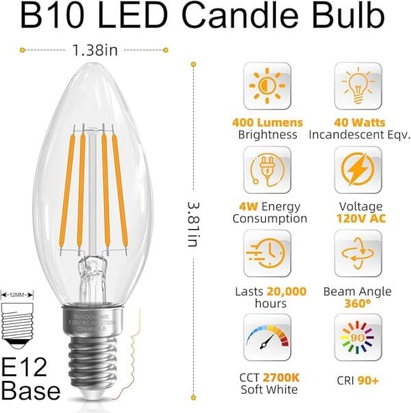 E12 Candelabra Bulb 40 watt Equivalent, E12 LED Bulb Dimmable Chandelier Light Bulbs, B10 Candle Light Bulbs 2700K Soft White, 90+CRI, 400LM, Cear Glass, 12 Pack - Image 2