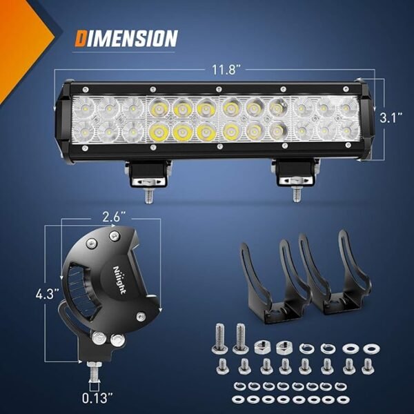 Nilight - NI06A-72W 12Inch 72W Spot Flood Combo Led Light Bar Off Road Lights Boat Lights Fog Light Driving Lights LED Work Light for Trucks, 2 Years Warranty, White - Image 2