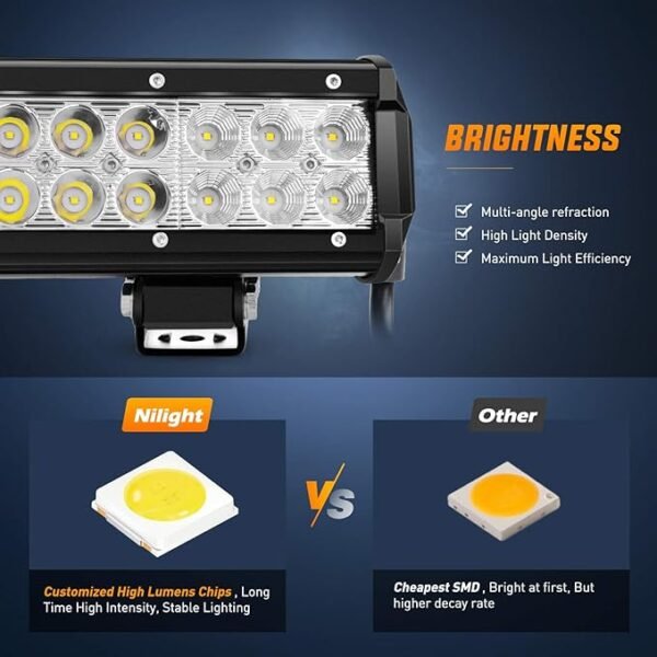 Nilight - NI06A-72W 12Inch 72W Spot Flood Combo Led Light Bar Off Road Lights Boat Lights Fog Light Driving Lights LED Work Light for Trucks, 2 Years Warranty, White - Image 3