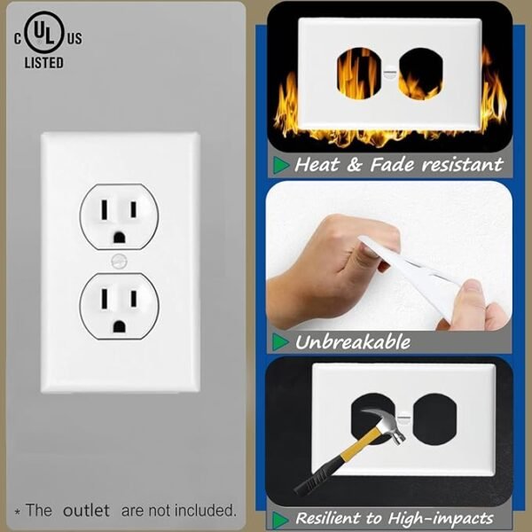 Outlet Covers Wall Plates -Duplex Outlet Covers, 1-Gang Standard Size Wall Plate for Outlets, Duplex Receptacle Wall Plate,Unbreakable Polycarbonate Thermoplastic,UL Listed (2-Pack,White) - Image 6