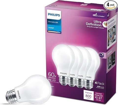 Philips LED 60W A19 4-Pack Ultra Definition Daylight (5000K) 800 Lumen (8W = 60W) Dimmable Frosted Flicker-Free Light Bulbs
