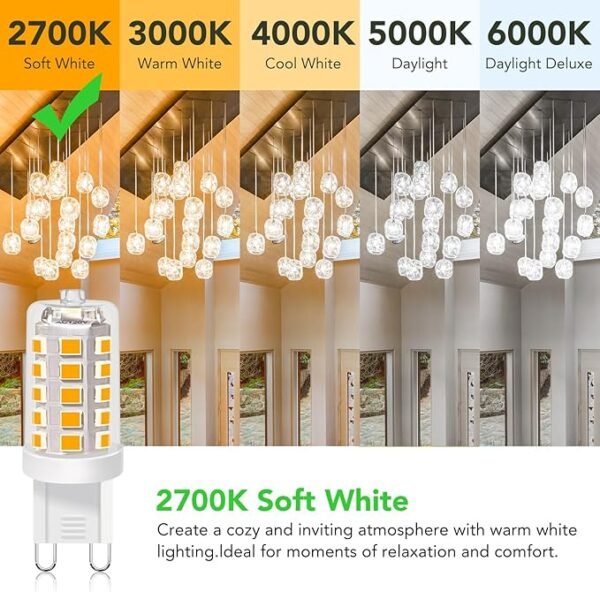 BUBO G9 LED Bulb 2700K Soft White 430 Lumens, 3W Equivalent 40W T4 G9 Halogen Replacement, 360°Beam Angle 120V Non-Dimmable No-Flicker G9 Light Bulbs for Crystal Chandelier Lighting, 10 Pack - Image 3