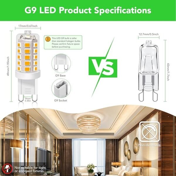 BUBO G9 LED Bulb 2700K Soft White 430 Lumens, 3W Equivalent 40W T4 G9 Halogen Replacement, 360°Beam Angle 120V Non-Dimmable No-Flicker G9 Light Bulbs for Crystal Chandelier Lighting, 10 Pack - Image 2