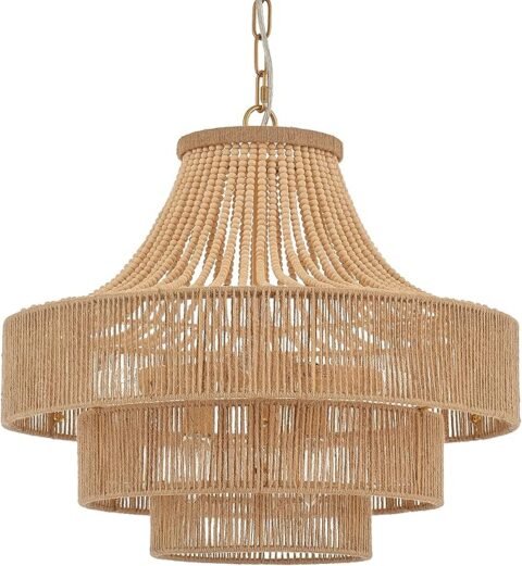 Wood Beaded Rattan Chandelier Boho Hand Woven Pendant Light 6-Lights Adjustable Coastal Pendant Lighting Fixtures for Dining Living Room Kitchen Hallway, Dia 20”, UL Listed